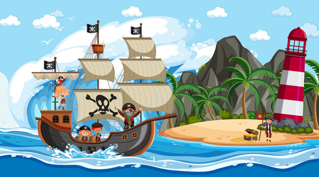 Beach at daytime scene with pirate kids cartoon character on the ship