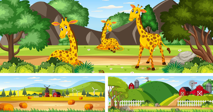 Set of different outdoor landscape scenes with cartoon character