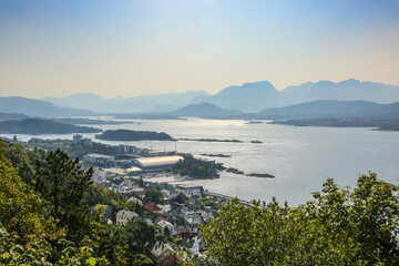 Fototapeta na wymiar View of Alesund; Panoramic view of the archipelago, islands and fjords from the viewpoint Aksla, Alesund, Norway.