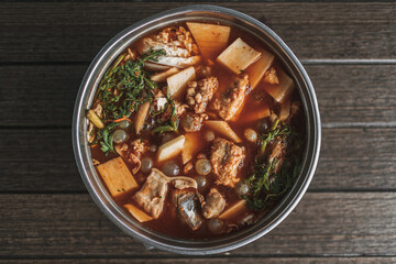 Thai Sour Soup of Giant Sea Catfish Eggs. Thai spicy seafood soup.