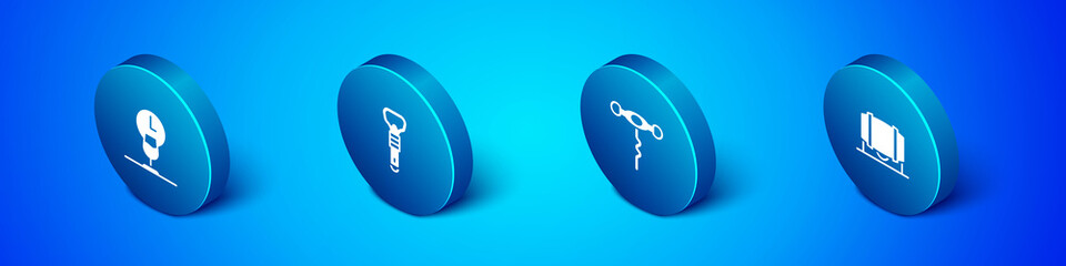 Set Isometric Wine time, corkscrew, Wooden barrel for wine and Bottle opener icon. Vector