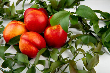 side view of fresh ripe nectarines with green leaves on white background
