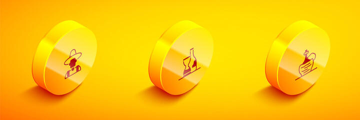 Set Isometric Farmer in the hat, Bottle of wine and Wine italian fiasco bottle icon. Vector