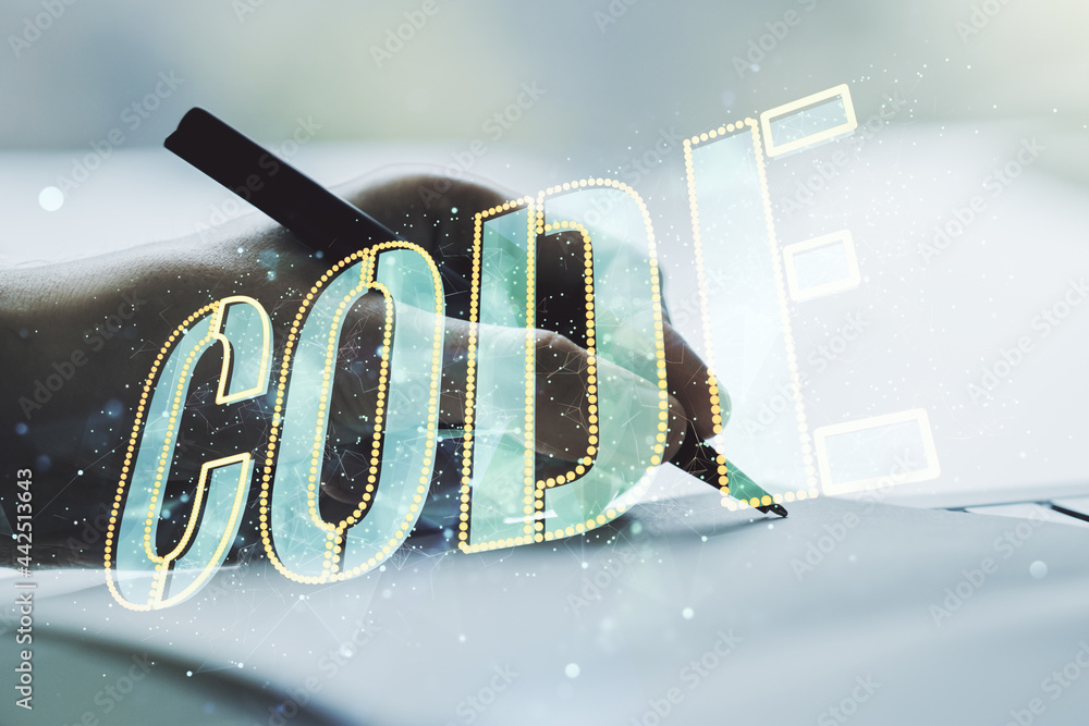 Poster creative code word sign and man hand writing in notepad on background, international software develo