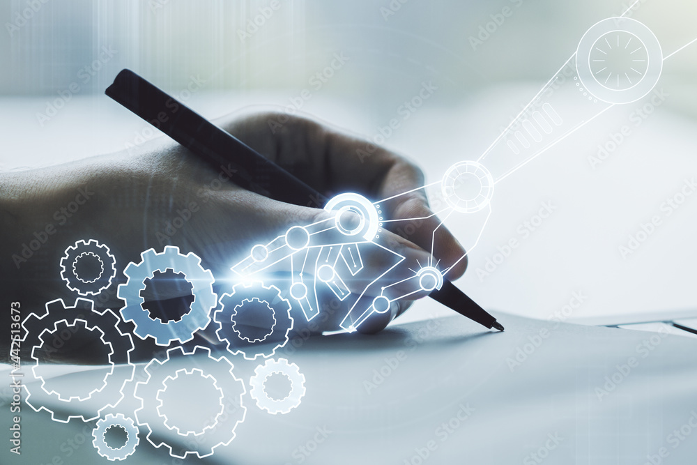 Poster creative concept of robotics technology and man hand writing in notebook on background. robot develo