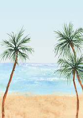 Fototapeta na wymiar watercolor waves backgrounds clipart, Tropical palm tree scenry image, Ocean landscape, Sea travel clipart, Hawaiian summer clip art, Blue beige background, Sandy beach
