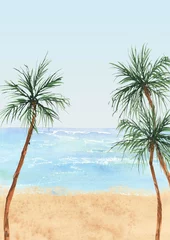 Foto op Plexiglas aquarel golven achtergronden clipart, tropische palm tree scenry afbeelding, oceaanlandschap, zee reizen clipart, Hawaiiaanse zomer illustraties, blauw beige achtergrond, zandstrand © lyubovzaytseva