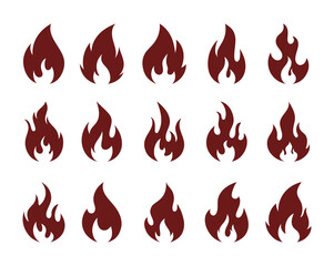 Fire icons. Vector set of silhouette fire flames, fireball for logo, stickers, web, mobile app design. Hot flaming element isolated on white background. Warning symbols. Fire energy and power
