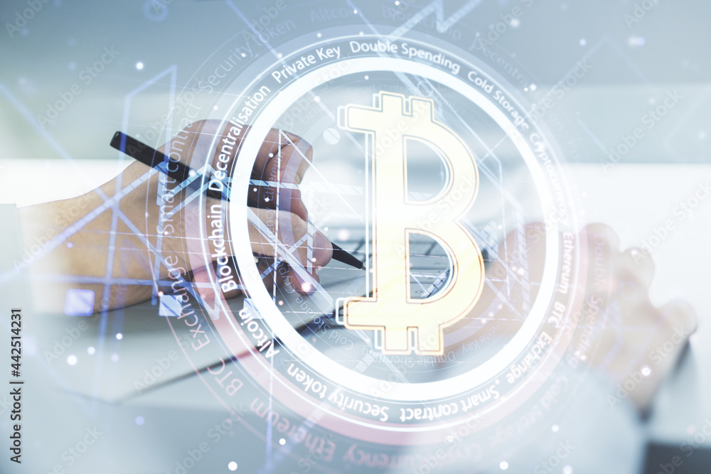 Aufkleber double exposure of creative bitcoin symbol with hand writing in notebook on background with laptop. 