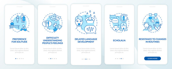 ASD signs onboarding mobile app page screen. Preference to loneliness, echolalia walkthrough 5 steps graphic instructions with concepts. UI, UX, GUI vector template with linear color illustrations