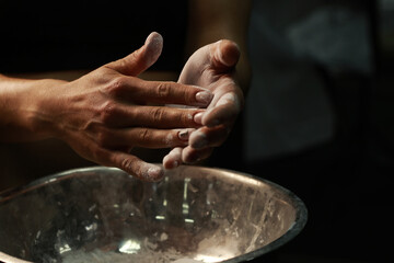 Female hands with talc, close up