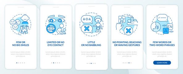 ASD signs in children onboarding mobile app page screen. Few smiles, no gestures walkthrough 5 steps graphic instructions with concepts. UI, UX, GUI vector template with linear color illustrations