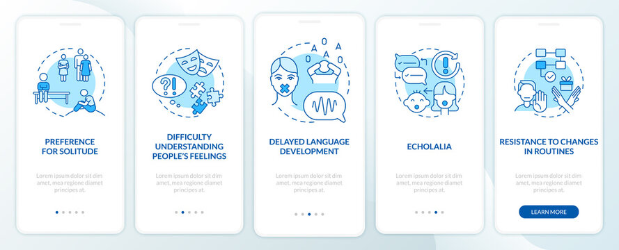 ASD signs onboarding mobile app page screen. Preference to loneliness, echolalia walkthrough 5 steps graphic instructions with concepts. UI, UX, GUI vector template with linear color illustrations