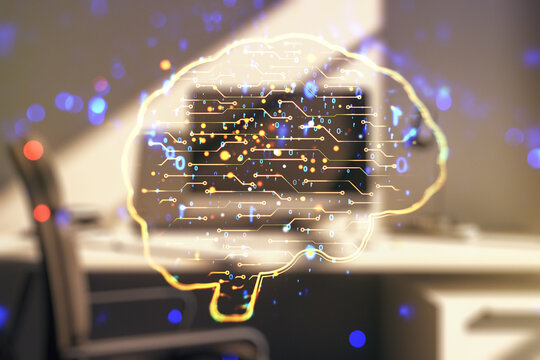 Double exposure of creative human brain microcircuit and modern desk with computer on background. Future technology and AI concept