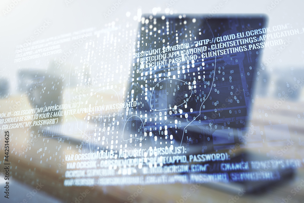 Poster double exposure of creative code skull hologram and modern desktop with laptop on background. malwar