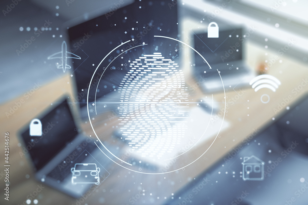 Poster Multi exposure of abstract creative fingerprint illustration and modern desktop with computer on background, digital access concept