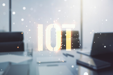 Creative IOT concept and modern desktop with computer on background. Multiexposure