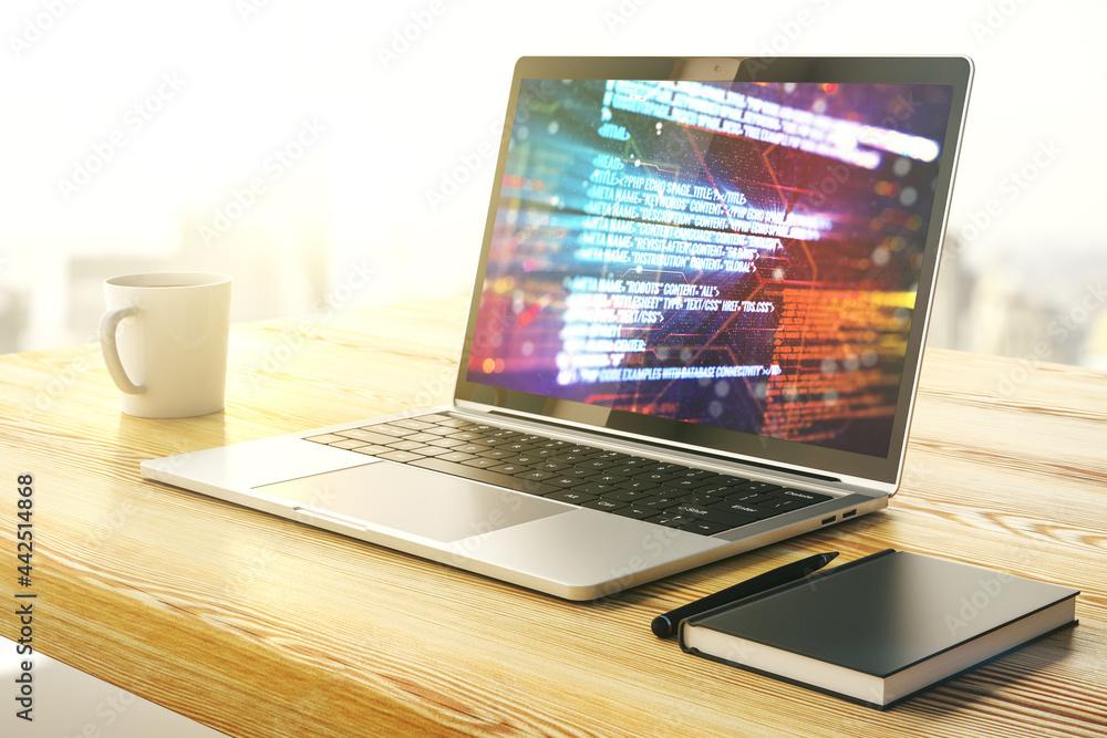 Aufkleber computer monitor with abstract creative programming illustration, big data and blockchain concept. 3