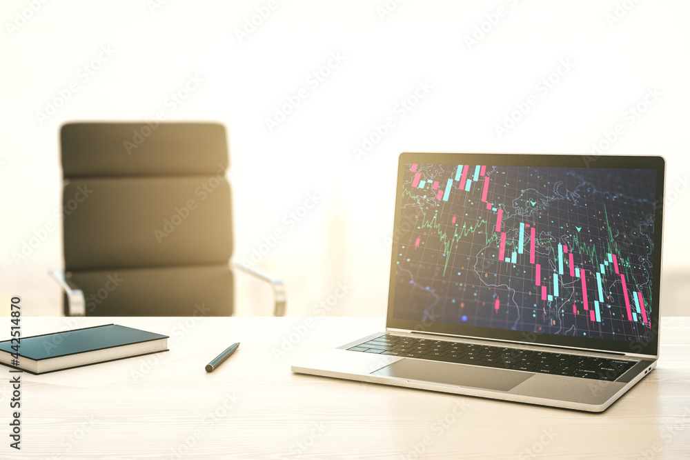 Poster modern computer monitor with creative abstract global crisis chart with world map hologram. financia