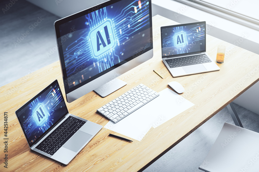 Poster Modern computer monitor with creative artificial Intelligence icon. Neural networks and machine learning concept. 3D Rendering