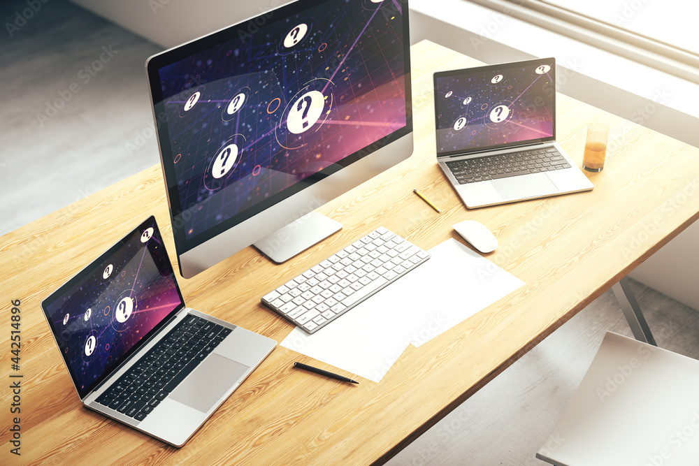 Aufkleber Modern computer monitor with question mark hologram. Sociology and psychology concept. 3D Rendering