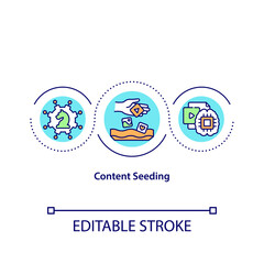 Content seeding concept icon. Spreading information among internet. Advertisement strategy. Marketing abstract idea thin line illustration. Vector isolated outline color drawing. Editable stroke