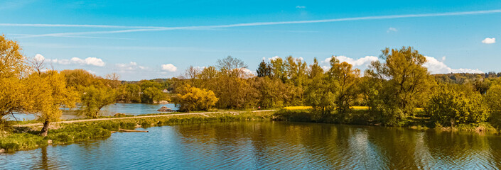 Beautiful spring view with reflections at Pleinting, Danube, Bavaria, Germany