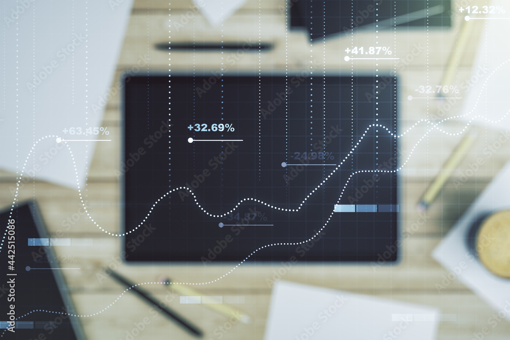 Poster multi exposure of abstract graphic data spreadsheet sketch and modern digital tablet on desktop on b