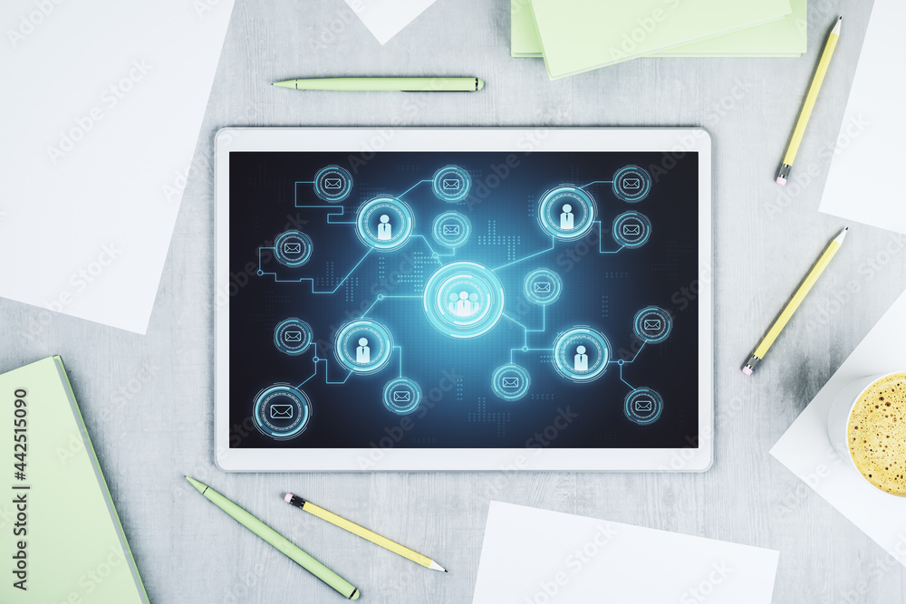Poster modern digital tablet screen with social network icons concept. networking concept. top view. 3d ren