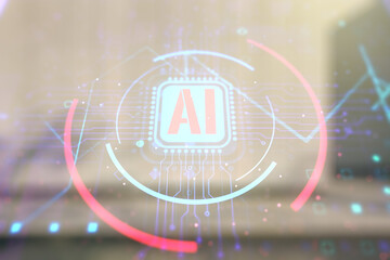 Double exposure of creative artificial Intelligence abbreviation hologram on contemporary business center exterior background. Future technology and AI concept