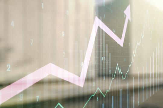 Multi exposure of virtual abstract financial chart and upward arrow interface on modern business center exterior background, rise and breakthrough concept