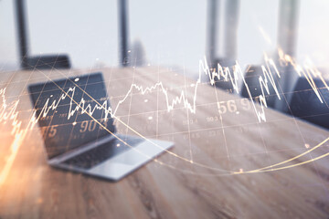 Multi exposure of abstract financial diagram on computer background, banking and accounting concept