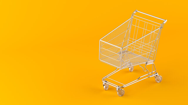 Parking an empty shopping basket on a yellow background with a copy space. The theme of the store and shopping, 3d render.