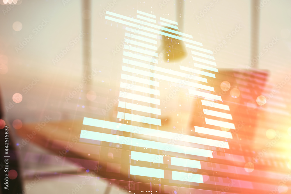 Poster creative bitcoin concept with modern computer background. double exposure