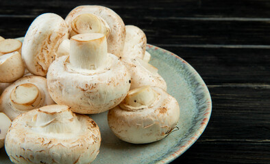 side view of fresh white mushrooms on a blue plate on dark wooden background