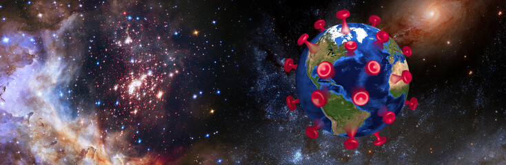 Image of a stylized virus in the form of a globe against the background of outer space. 3d image