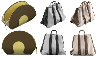 A large set of different options for eco-bags made of fabric insulated on a white background. 3d illustration on a white background. Layout for printing, design.