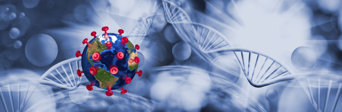 3D- Image Of A Stylized  Virus Disguised As A Covid Virus Globe Against The Background Of An Abstract Image Of DNA