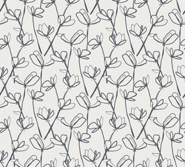Minimalist seamless pattern. Black hand drawn flowers on gray background. Beautiful nature inspired pattern for your fabric design, surface design, wrapping paper, etc.