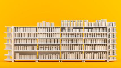 A supermarket showcase with shelves arranged in a row in front on a yellow background. Shelves with products, a template for mockup, a 3d render.