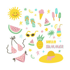 Summer and beach vacation elements set, colorful flat vector illustration isolated on white background. Hand drawn illustration. Sun, ice cream, hat, swimwear, pineapple, cocktail, watermelon