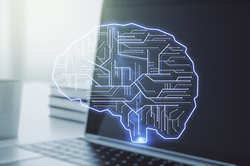 Double exposure of creative human brain microcircuit with computer on background. Future technology and AI concept