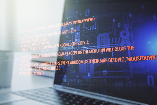 Multi exposure of abstract programming language hologram on computer background, artificial intelligence and neural networks concept