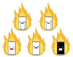 表情のついた擬人化スマホと炎の炎上イメージのセット