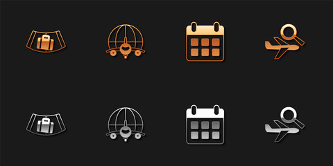 Set Conveyor belt with suitcase, Globe flying plane, Calendar and airplane and Airplane search icon. Vector