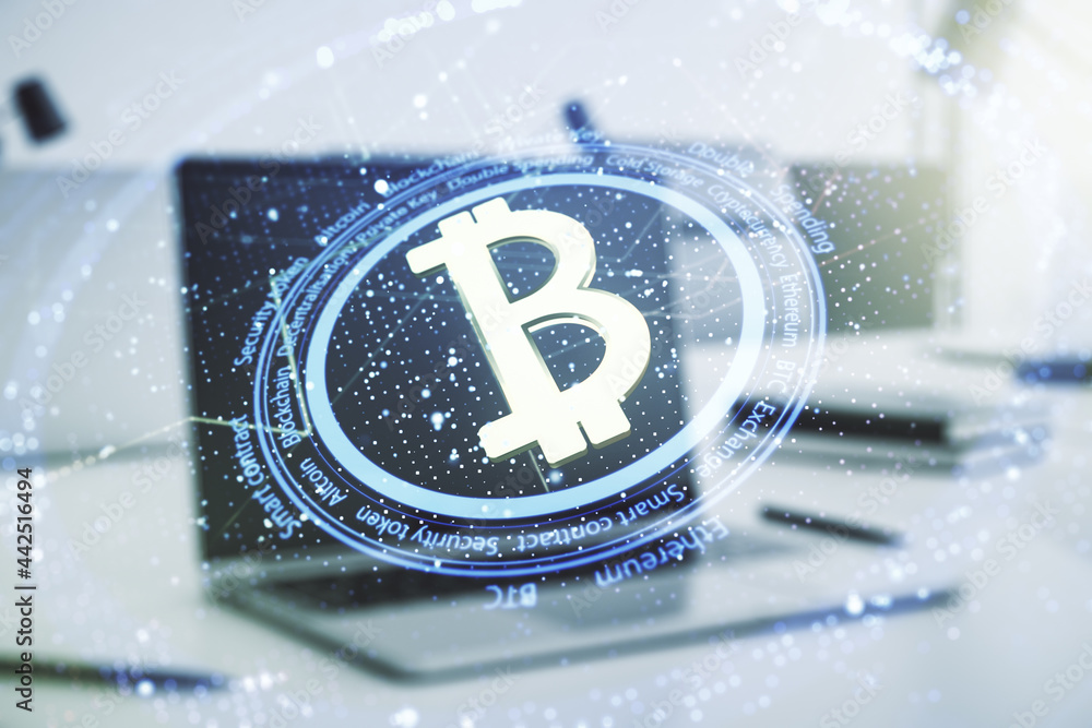 Poster double exposure of creative bitcoin symbol hologram with computer on background. mining and blockcha