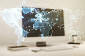 Abstract graphic digital world map with connections on modern computer background, globalization...