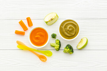 Baby fruit vegetables food - mousse in bowls with fresh vegetables and fruits