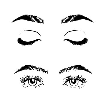 Female woman eyes and brows image collection set. Fashion girl eyes design.