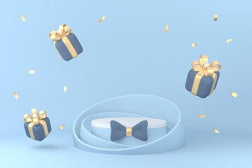 Blue pedestal or podium with cute gifts on pastel blue background for product demonstration.  3D rendering.